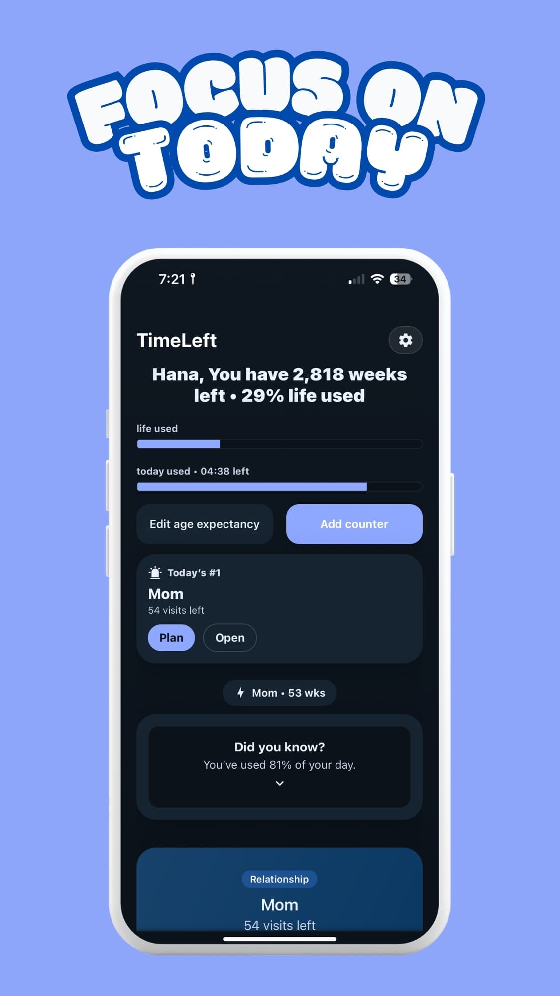TimeLeft dashboard showing time remaining, a daily priority, and relationship counters