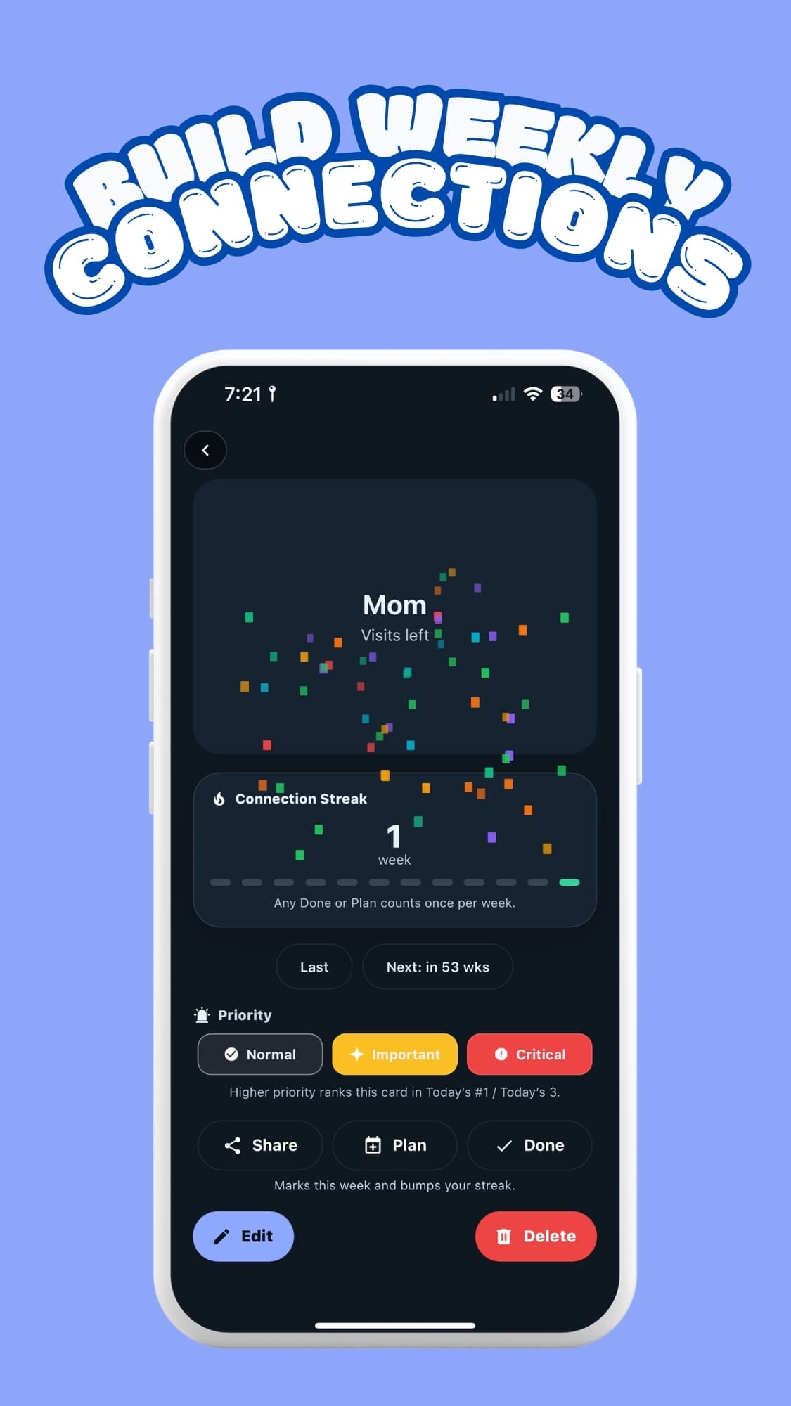 TimeLeft weekly connection screen with streak, priority, planning, and completion controls
